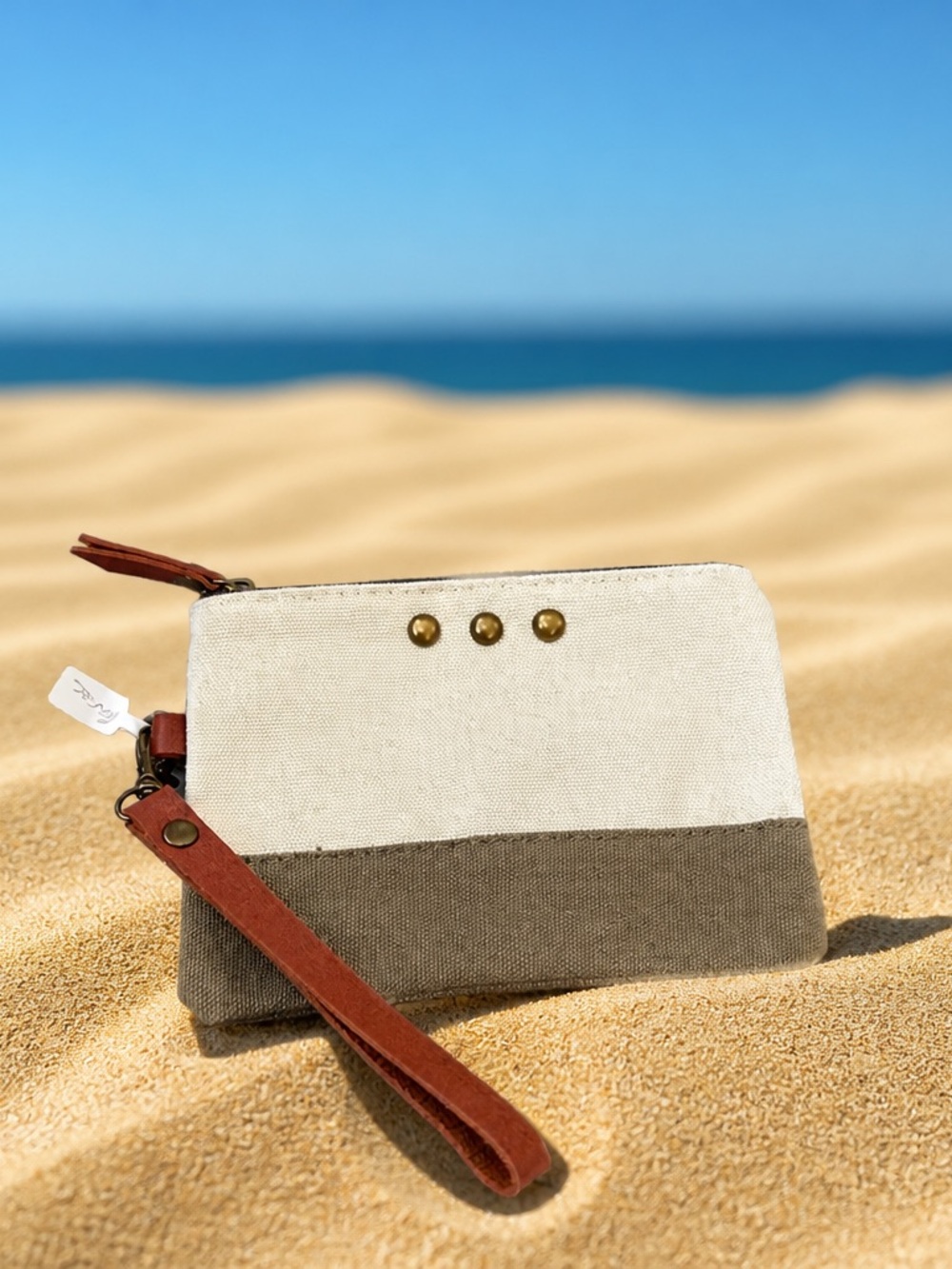 Canvas Two-Tone Wristlet Pouch in Cream and Brown
